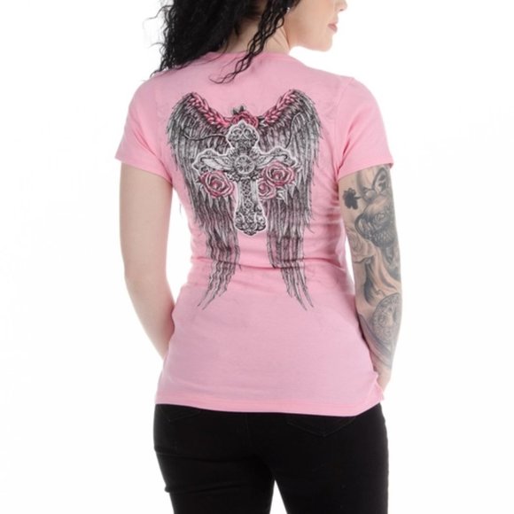 New Cross and Wing Design Tee Embellished by Rhinestones on The Front - Picture 2 of 3
